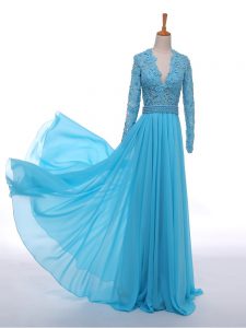 Fashion Baby Blue Empire V-neck Long Sleeves Chiffon Floor Length Zipper Lace Mother Of The Bride Dress