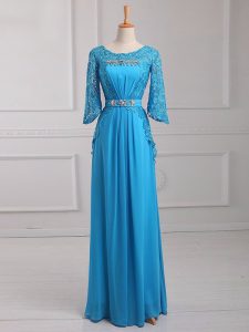 Suitable Baby Blue 3 4 Length Sleeve Chiffon Zipper Mother Of The Bride Dress for Prom and Military Ball and Beach