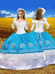 Off The Shoulder 3 4 Length Sleeve Kids Pageant Dress Floor Length Embroidery and Ruffles Blue And White Taffeta