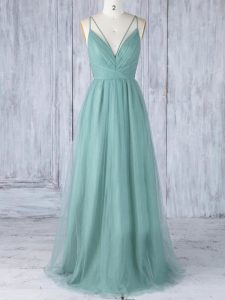 Luxurious Green Sleeveless Tulle Criss Cross Quinceanera Dama Dress for Prom and Party and Wedding Party