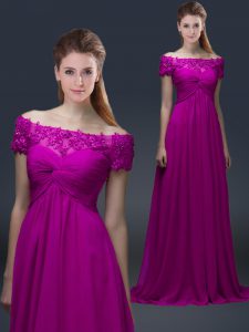 Simple Fuchsia Short Sleeves Appliques Floor Length Mother of Bride Dresses