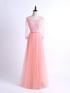 Half Sleeves Tulle Floor Length Lace Up Court Dresses for Sweet 16 in Pink with Lace