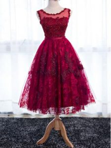 Fantastic Sleeveless Lace Tea Length Zipper Quinceanera Court of Honor Dress in Fuchsia with Lace