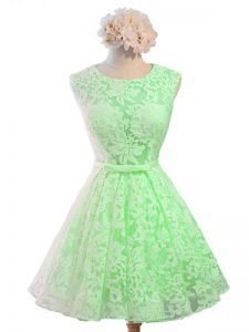 Green Lace Up Scoop Belt Dama Dress for Quinceanera Lace Sleeveless
