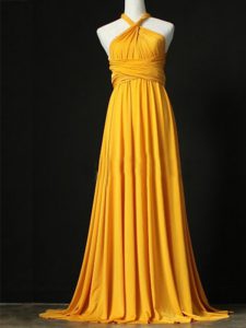 Colorful Sleeveless Chiffon Sweep Train Criss Cross Dama Dress in Orange with Ruching