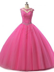 Floor Length Ball Gowns Sleeveless Hot Pink 15th Birthday Dress Lace Up