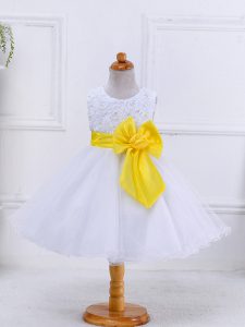 High End White Zipper Scoop Bowknot Pageant Dress Womens Organza Sleeveless