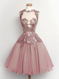 Sophisticated Knee Length Grey Quinceanera Dama Dress Chiffon Sleeveless Lace