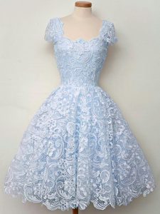 Straps Cap Sleeves Quinceanera Dama Dress Knee Length Lace Light Blue Lace