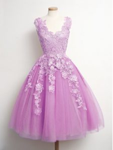 Custom Design Sleeveless Tulle Knee Length Lace Up Dama Dress in Lilac with Appliques