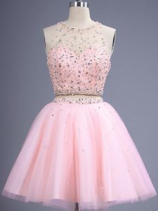 Latest Baby Pink Lace Up Dama Dress for Quinceanera Beading Sleeveless Knee Length