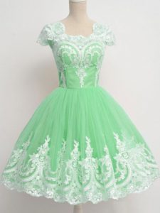 Square Cap Sleeves Court Dresses for Sweet 16 Knee Length Lace Apple Green Tulle