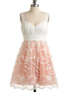 Glittering Knee Length Peach Dama Dress for Quinceanera Lace Sleeveless Lace