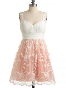 Glittering Knee Length Peach Dama Dress for Quinceanera Lace Sleeveless Lace