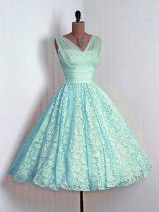 Super Mini Length Aqua Blue Quinceanera Court of Honor Dress Lace Sleeveless Lace