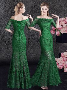 Mermaid Mother Of The Bride Dress Green Off The Shoulder Lace Half Sleeves Floor Length Lace Up