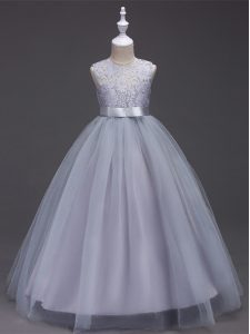 Best Floor Length Grey Pageant Dress Wholesale Tulle Sleeveless Lace