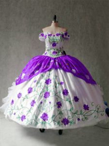 White And Purple Ball Gowns Off The Shoulder Cap Sleeves Organza and Taffeta Floor Length Lace Up Embroidery and Ruffles Vestidos de Quinceanera