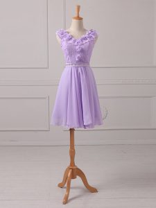 Custom Fit Sleeveless Chiffon Mini Length Lace Up Quinceanera Court Dresses in Lavender with Lace and Appliques