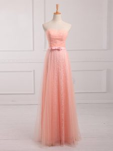 Unique Sweetheart Sleeveless Lace Up Damas Dress Peach Tulle and Lace