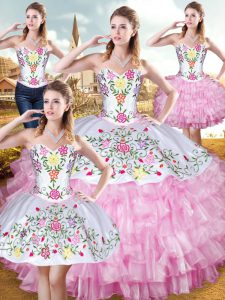 Floor Length Rose Pink Vestidos de Quinceanera Organza and Taffeta Sleeveless Embroidery and Ruffled Layers