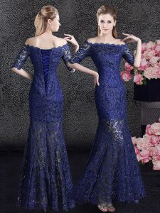 Mermaid Off the Shoulder Navy Blue Half Sleeves Lace Floor Length Mother Of The Bride Dress