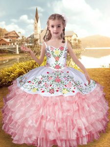 Organza and Taffeta Straps Sleeveless Lace Up Embroidery and Ruffled Layers Pageant Gowns in Baby Pink