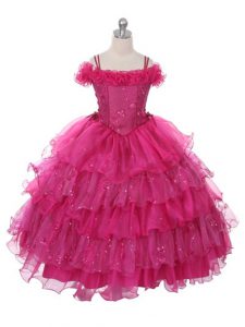 Off The Shoulder Sleeveless Pageant Dress for Womens Floor Length Ruffles and Ruffled Layers Fuchsia Organza