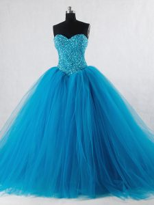 Pretty Sleeveless Tulle Floor Length Lace Up Quinceanera Gowns in Baby Blue with Beading