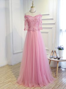 Traditional Pink Off The Shoulder Neckline Beading and Lace and Appliques Mother Dresses 3 4 Length Sleeve Lace Up