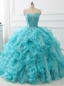 Free and Easy Lace Up Sweet 16 Dresses Aqua Blue for Military Ball and Sweet 16 and Quinceanera with Beading and Ruffles Brush Train
