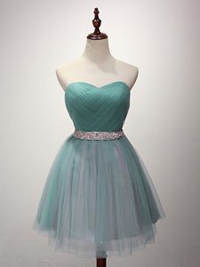 New Style Tulle Sweetheart Sleeveless Lace Up Beading and Ruching Dama Dress in Green