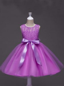 Knee Length Lilac Little Girls Pageant Dress Wholesale Tulle Sleeveless Lace and Belt