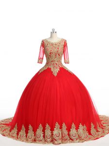 Exquisite Scoop Half Sleeves Tulle Quinceanera Dresses Lace and Appliques Brush Train Zipper