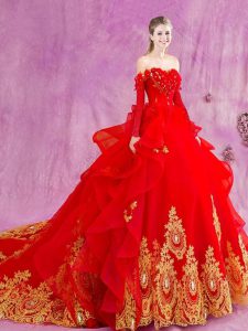 Delicate Red Ball Gowns Tulle Off The Shoulder Sleeveless Appliques and Ruffles Lace Up Vestidos de Quinceanera Court Train
