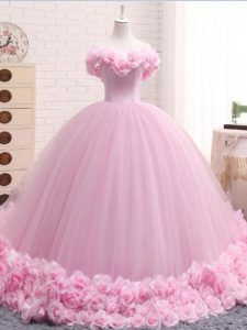 Baby Pink Sleeveless Brush Train Hand Made Flower Quince Ball Gowns
