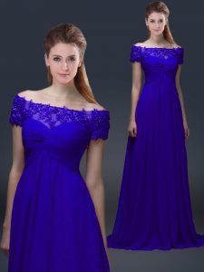 Nice Blue Lace Up Off The Shoulder Appliques Mother of the Bride Dress Chiffon Short Sleeves