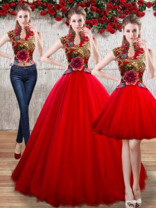 Vintage Red Sleeveless Organza Lace Up 15th Birthday Dress for Military Ball and Sweet 16 and Quinceanera
