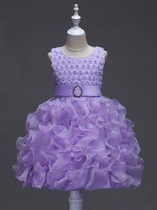 Excellent Lavender Lace Up Pageant Dress for Girls Ruffles and Belt Sleeveless Knee Length