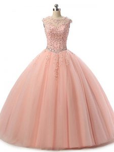 Peach Scoop Lace Up Beading and Lace Sweet 16 Dresses Sleeveless