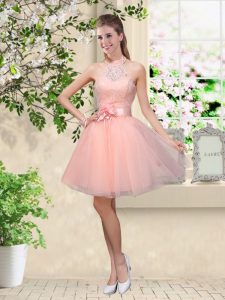 Ideal Sleeveless Knee Length Lace and Belt Lace Up Quinceanera Court of Honor Dress with Peach
