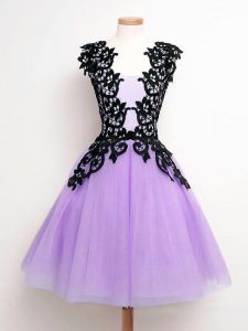 Lavender Sleeveless Lace Knee Length Dama Dress