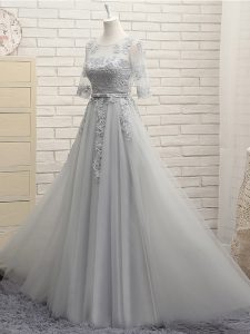 Stunning Grey Scoop Neckline Appliques Dama Dress Half Sleeves Lace Up