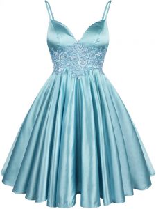 Elastic Woven Satin Spaghetti Straps Sleeveless Lace Up Lace Dama Dress for Quinceanera in Aqua Blue