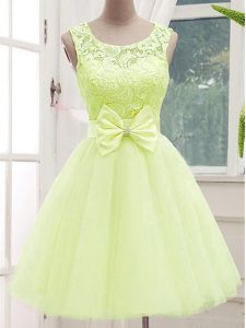 New Style Knee Length Lace Up Dama Dress Yellow Green for Prom and Party and Wedding Party with Lace and Bowknot