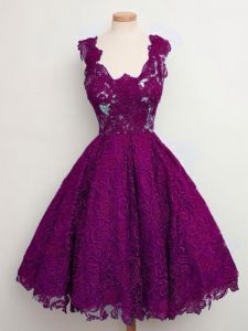 A-line Dama Dress for Quinceanera Purple Straps Lace Sleeveless Knee Length Lace Up