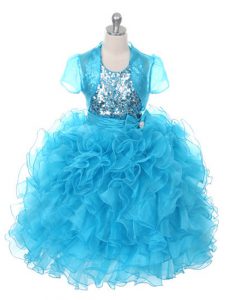 Scoop Sleeveless Organza Pageant Dress for Girls Ruffles and Sequins and Bowknot Lace Up