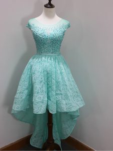 Fitting Aqua Blue Cap Sleeves Beading and Lace High Low Quinceanera Dama Dress
