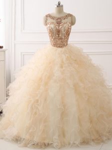 Suitable Beading and Ruffles Sweet 16 Dresses Champagne Lace Up Sleeveless Sweep Train