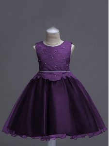 Dark Purple Scoop Neckline Lace Little Girls Pageant Gowns Sleeveless Zipper